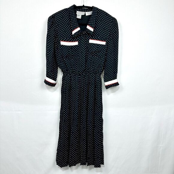 50's Style Dapper Black with White/Red Pokadots Vintage Dress Shoulder Pad Med - Picture 1 of 6